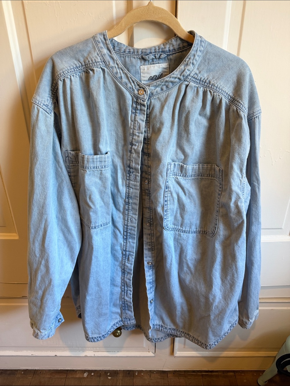 aerie “Roll with it button down” Blue Denim Shacket with Patch Pockets